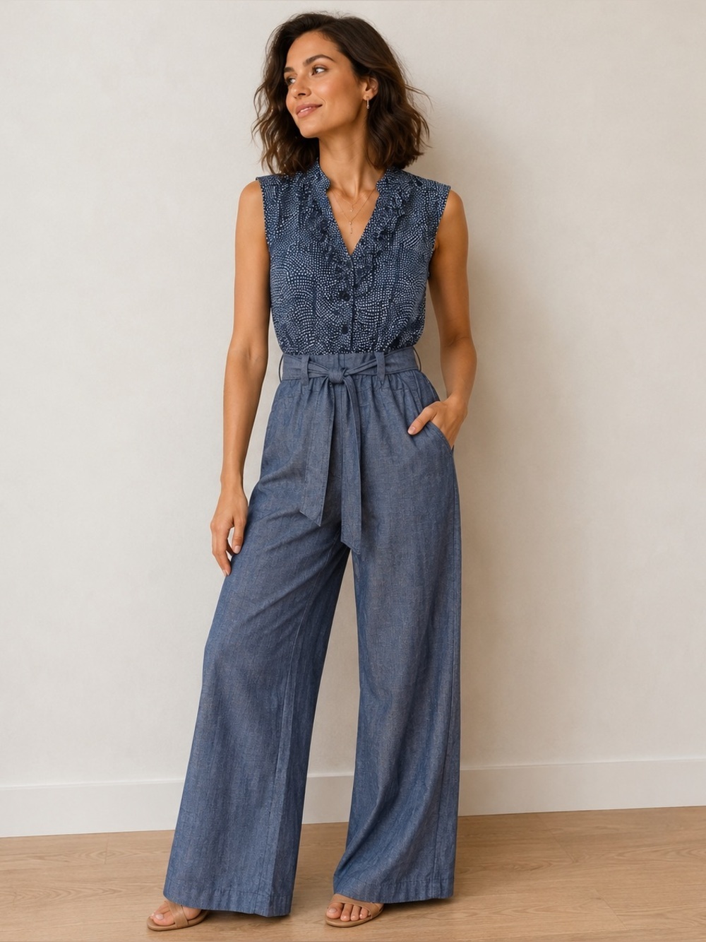 Elevenses Anthropologie Cotton Polka Dot Navy Wide Leg Chambray Jumpsuit
